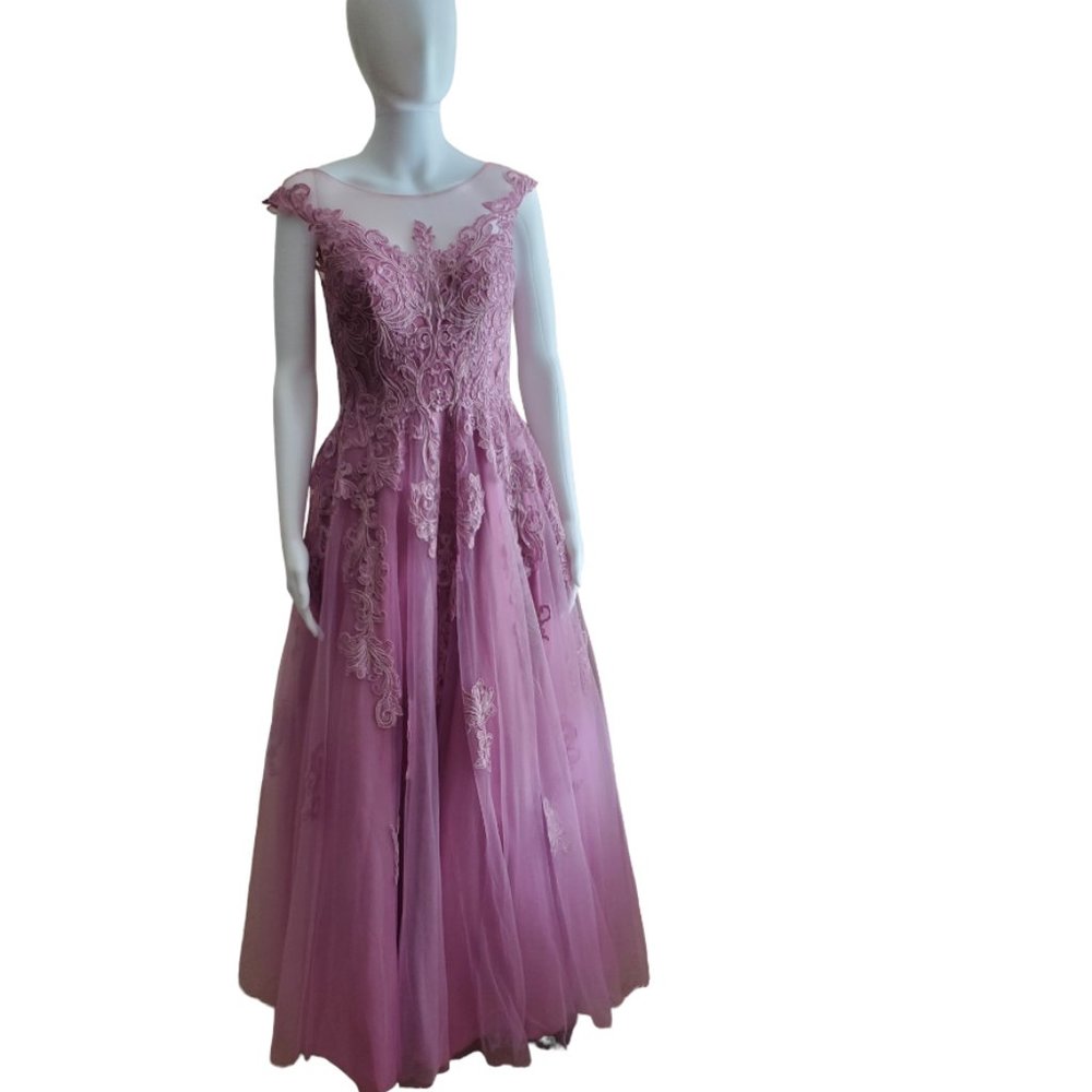 NWT JJ'S House A-Line Scoop Neck Floor-Length Tulle Lace Evening Dress W/Sequins - Picture 5 of 8